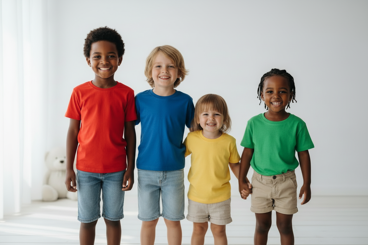 Children wearing colorful shirts